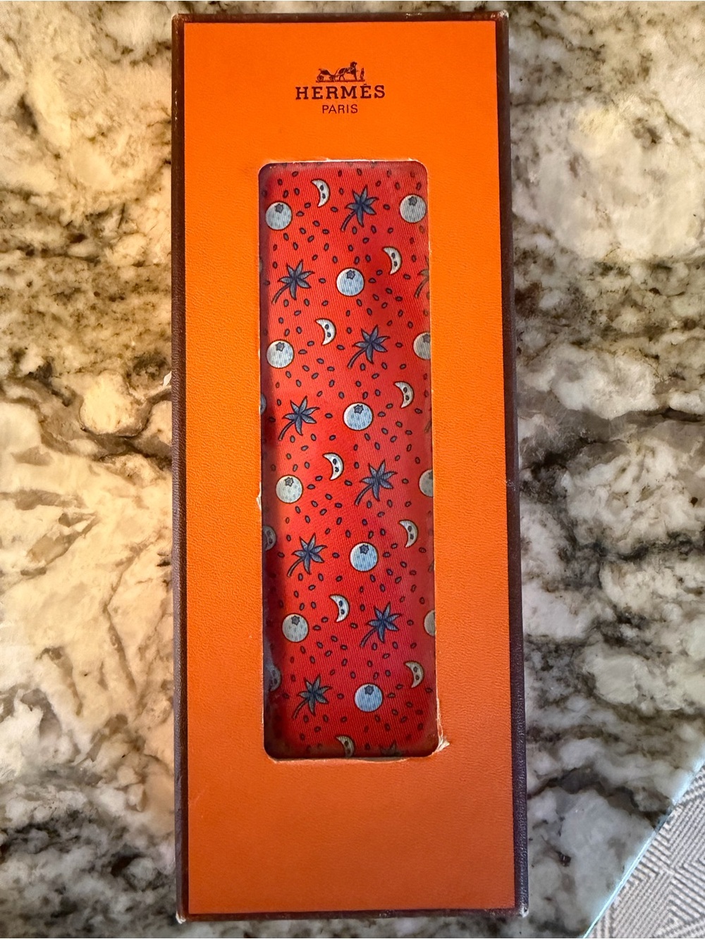 Hermès Red Silk Tie with Blueberry, leaf and moon shape Motif